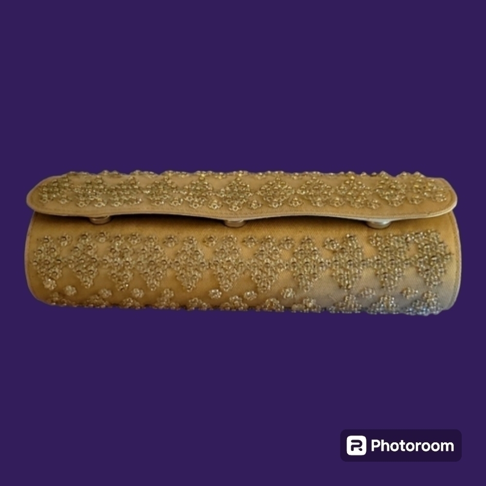 VTG BLANK LONDON Cylindrical Baguette Tan Beaded Evening Cocktail Clutch Bag
